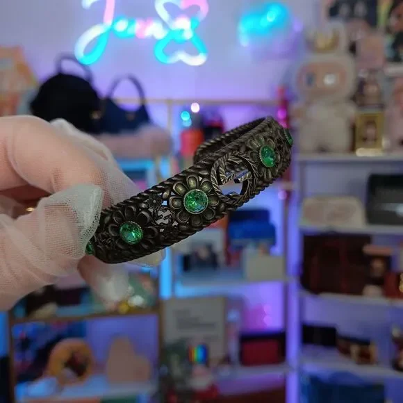 GUCCI Crystal Floral G Bangle 925 Silver Bracelet Green - Picture 13 of 14